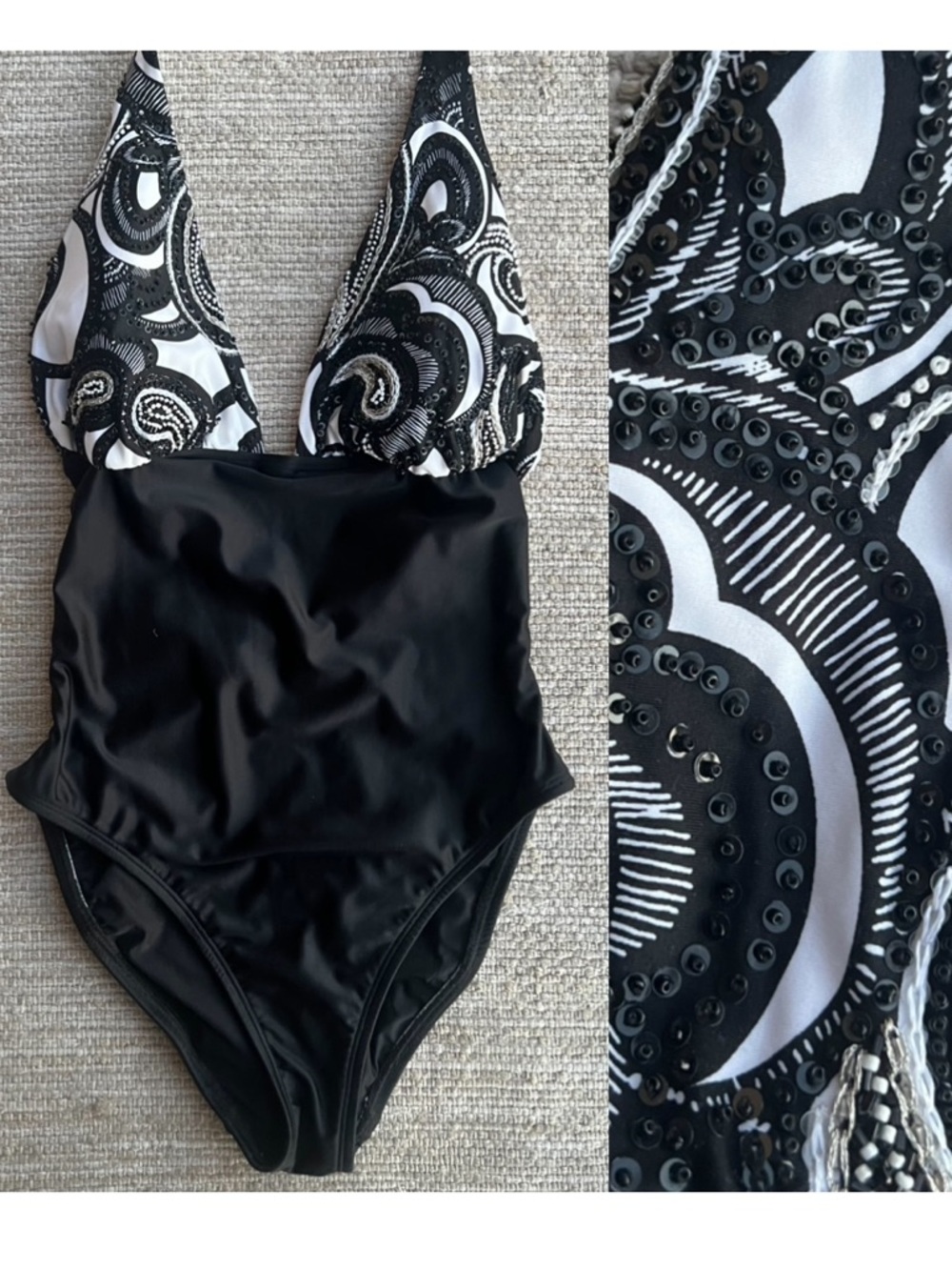 Hermanny by Vix Black Beaded Sequin HalterOne-Piece Floral Pattern Swimsuit sz 8